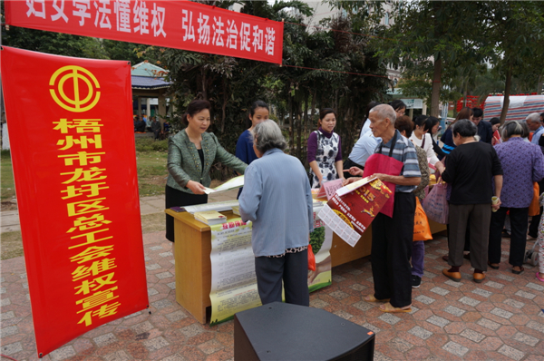龍圩區(qū)總工會(huì)在2015年3月開展迎“三八”婦女維權(quán)月普法活動(dòng)，以“婦女法治懂維權(quán)，頌揚(yáng)法治促和諧”為指導(dǎo)思想，開展了以“